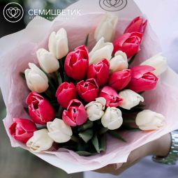 Букет из 25 розовых и белых тюльпанов 30 см