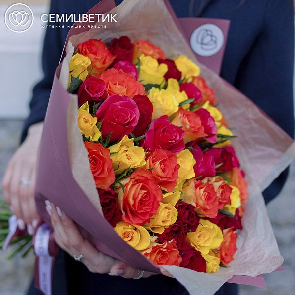 51 роза микс в ярких тонах (Кения) 40 см Premium