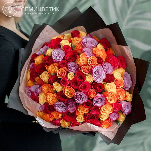 101 роза микс в ярких тонах (Кения) 40 см Premium