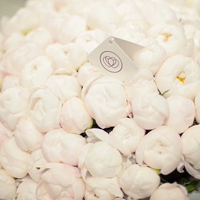 Букет из 101 белого пиона Standart в зеленой пленке