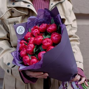 Букет из 15 коралловых пионов Coral Sunset Standart