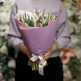 Букет из 51 нежно-розового тюльпана в розовой пленке