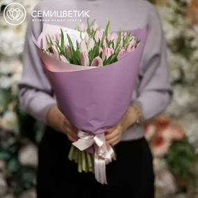 Букет из 51 нежно-розового тюльпана в розовой пленке