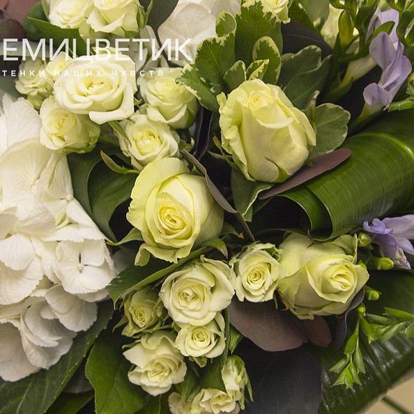 Букет из розы, гортензии и кустовых роз в прозрачной пленке