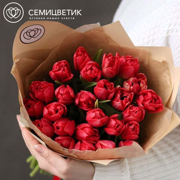 Букет из 25 красных пионовидных тюльпанов