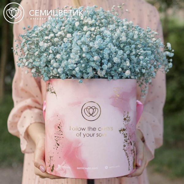Букет в розовой шляпной коробке Amour Mini из 9 голубых гипсофил
