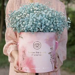Букет в розовой шляпной коробке Amour Mini из 9 голубых гипсофил