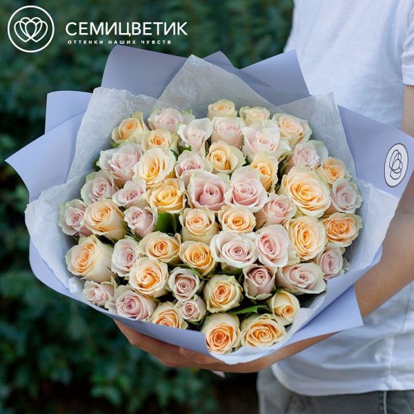 Букет из 51 кремовой и нежно-розовой розы 40 см (Кения)