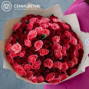 Букет из 101 красной и коралловой розы 35-40 см (Кения) в кремовой пленке