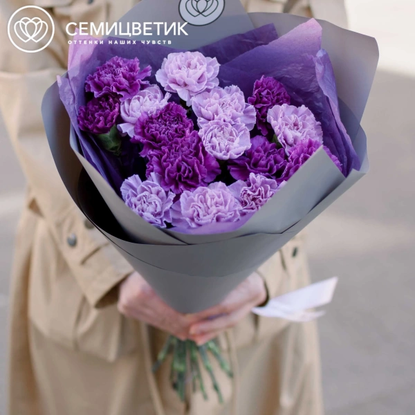 Букет из 15 сиреневых и фиолетовых гвоздик в сиреневой пленке