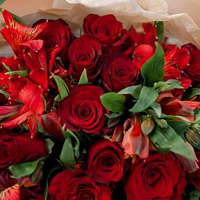Букет из 25 красных роз (Кения) и 7 красных альстромерий