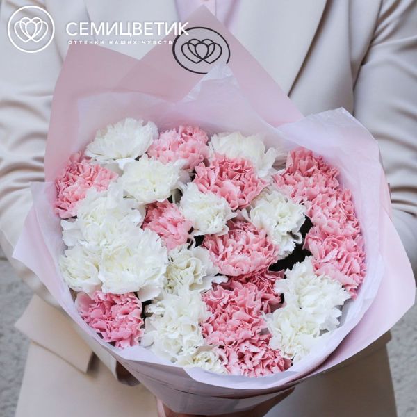 Букет из 25 белых и розовых гвоздик в розовой пленке