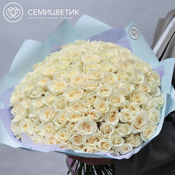 Букет из 101 белой розы 50 см (Россия) в голубой пленке