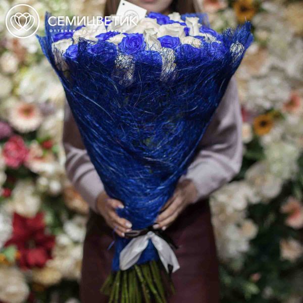 Букет из 71 белой и синей розы 60 см (Эквадор)