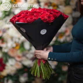 Букет из 51 красной розы Freedom 60 см (Эквадор) в бордовой пленке