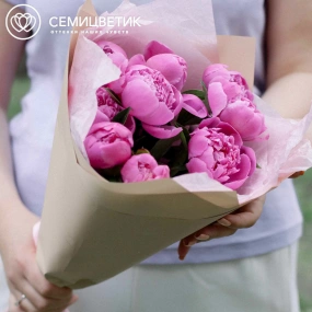 Букет из 9 ярко-розовых пионов Standart в кремовой пленке