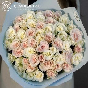 Букет из 51 нежно-розовой и белой розы 30 см (Кения) в голубой пленке