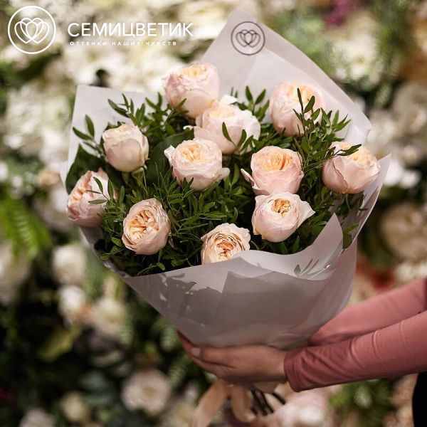 Букет из 11 персиковых пионовидных роз Juliet 50 см (Эквадор) с фисташкой