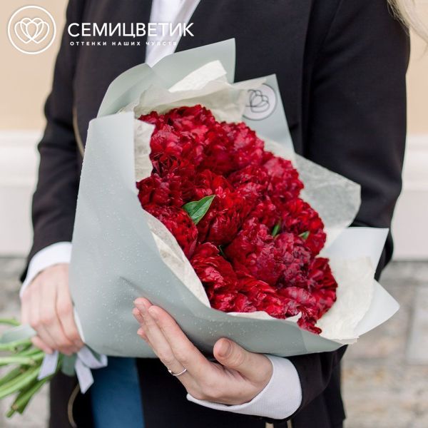 Букет из 15 бордовых пионов Premium в голубой пленке