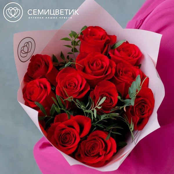 Букет из 11 красных роз Freedom 50 см (Эквадор) с фисташкой в розовой пленке