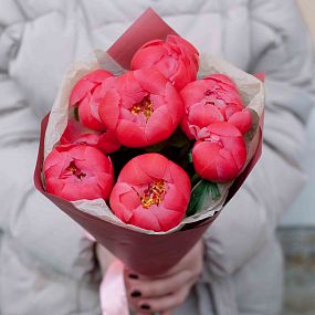 Букет из 7 коралловых пионов Coral Sunset Premium