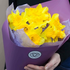 Букет из 15 нарциссов в сиреневой пленке