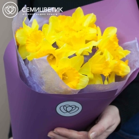 Букет из 15 нарциссов в сиреневой пленке