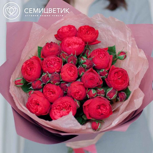 Букет из 15 красных кустовых пионовидных роз Red Piano 40 см