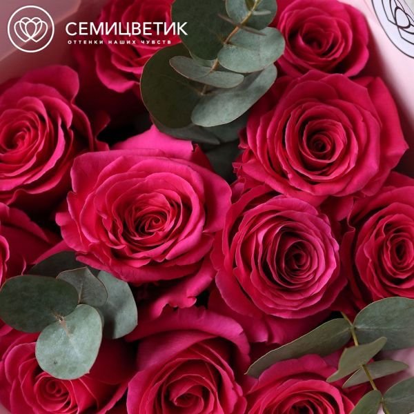 Букет из 11 ярко-розовых роз Pink Floyd 50 см (Эквадор) с эвкалиптом в розовой пленке
