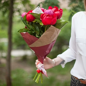 Букет из 7 пионов Old Faithful и Coral Sunset Standart в упаковке