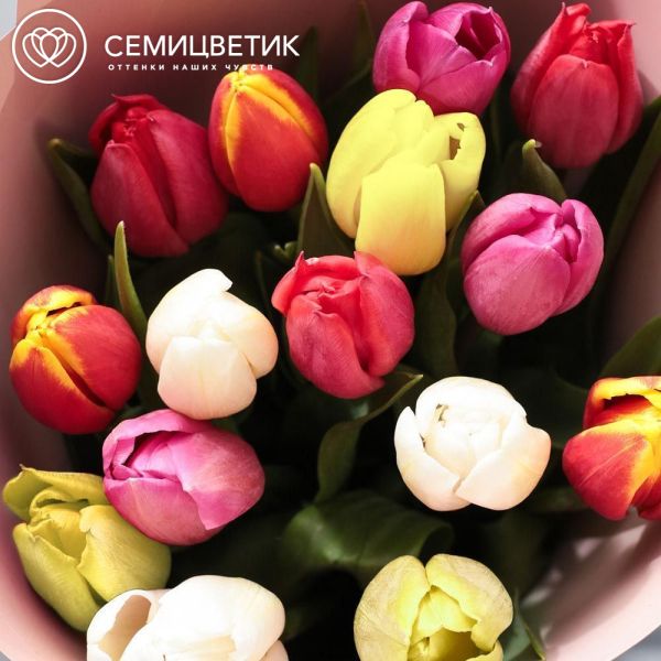 Букет из 15 тюльпанов микс в кремовой упаковке
