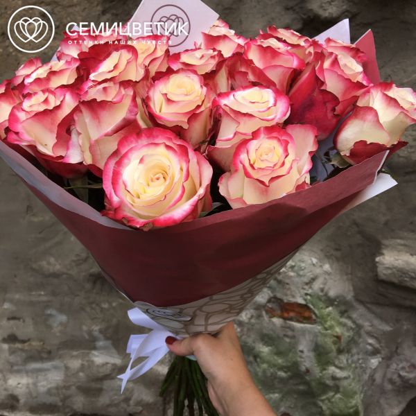 Букет из 25 белых с красной каймой роз Sweetnes 50 см (Эквадор)