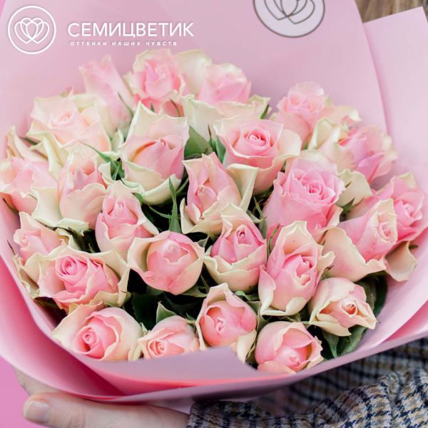 Букет из 25 розовых с фисташковой каймой роз 40 см (Кения)