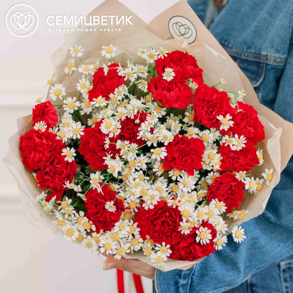 Букет из 15 красных гвоздик и 7 матрикарий в кремовой пленке