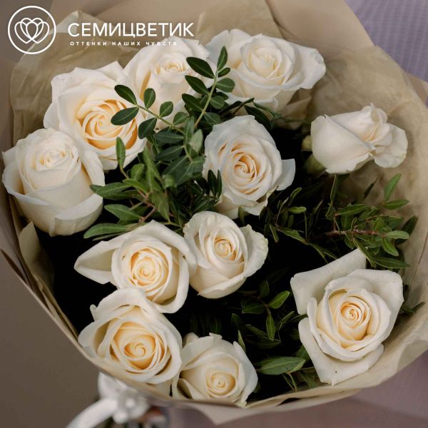 Букет из 11 белых роз Vendela 50 см (Эквадор) с фисташкой