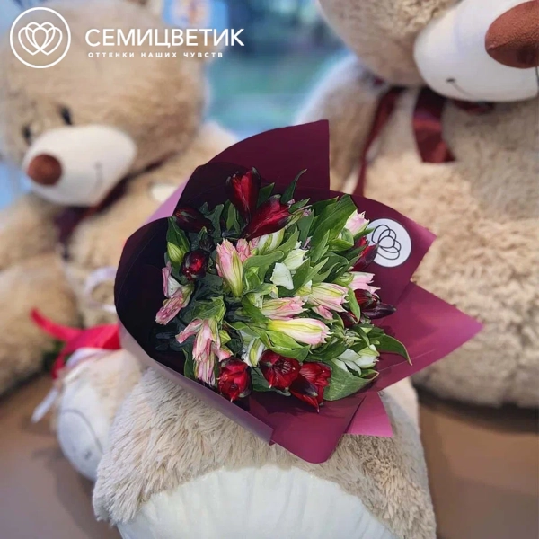 Букет из 7 альстромерий микс в бордовой пленке