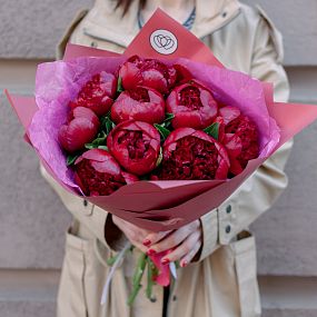Маленький букет  из 9 бордовых пионов Premium