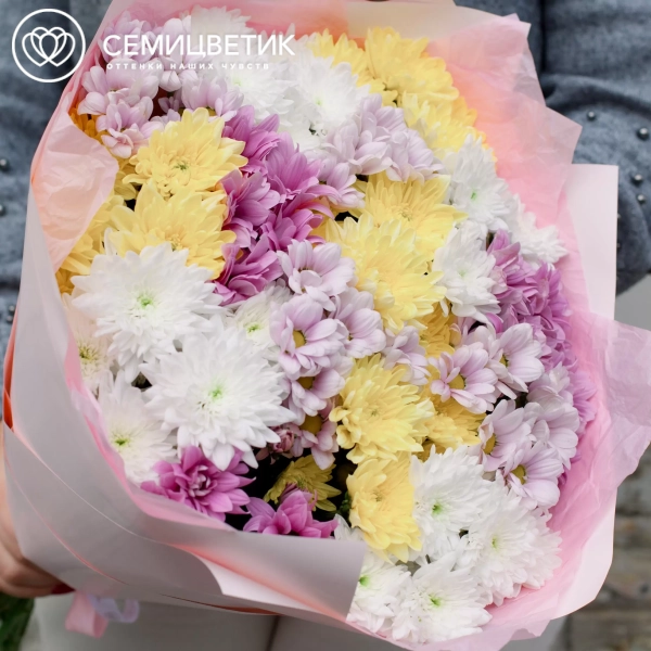 Букет из 15 кустовых хризантем микс в розовой пленке