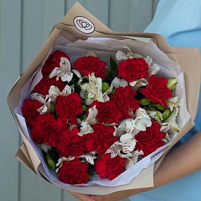 Букет из 15 красных гвоздик и 10 белых альстромерий