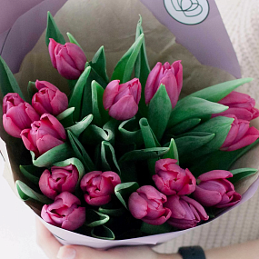 Мини-букет  из 15 малиновых тюльпанов в сиреневой пленке
