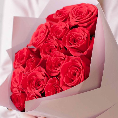 Букет из 15 красных роз (Эквадор) 50 см Freedom в розовой пленке