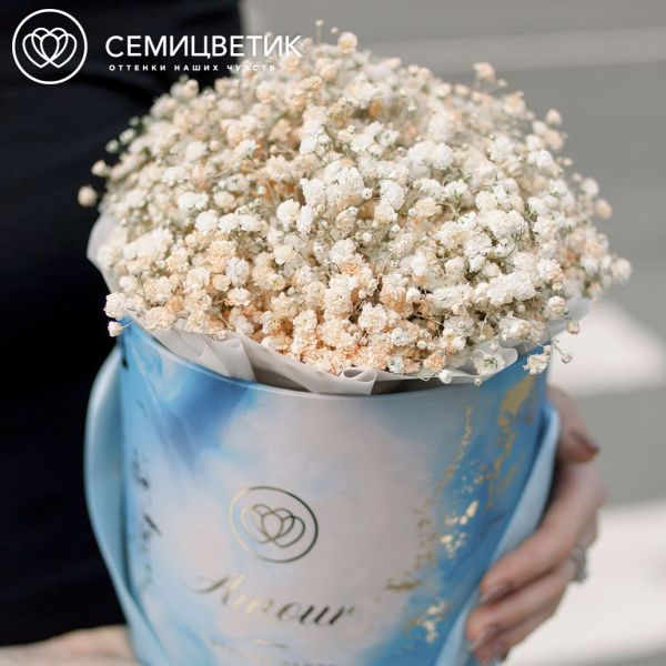 Букет в голубой шляпной коробке Amour Mini из 7 бежевых гипсофил