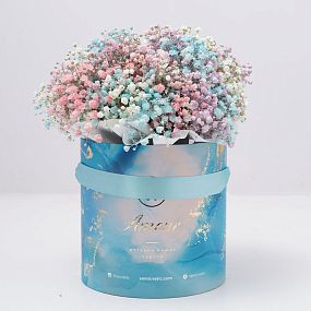 Букет в голубой шляпной коробке Amour Mini из 9 гипсофил микс