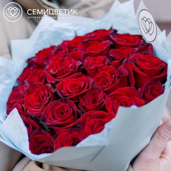 Букет из 25 красных с темной каймой роз Магия 35-40 см (Россия)