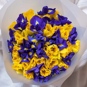 Букет из 26 желтых нарциссов и 19 ирисов в прозрачной пленке