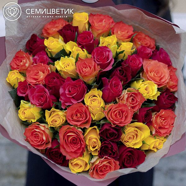 51 роза микс в ярких тонах (Кения) 40 см Premium