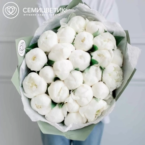 Букет из 25 белых пионов Premium в зеленой пленке