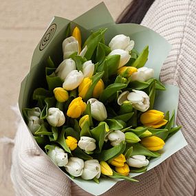 Букет из 35 желтых и белых тюльпанов 40 см в зеленой пленке