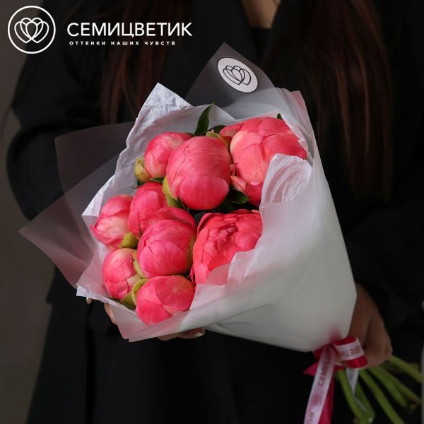 Букет из 9 коралловых пионов Coral Sunset Premium