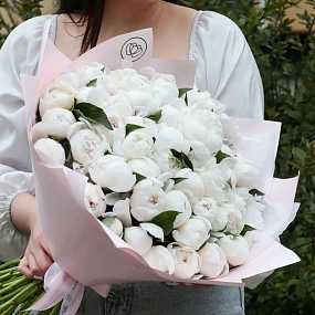 Букет из 51 нежно-розового пиона Standart в сиреневой пленке